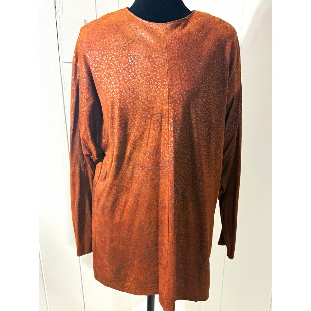 Siena New York Brown Leather Leopard Print Back Zip Long Sleeve Tunic Top XL